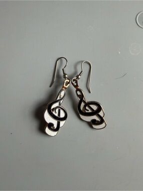Treble Clef Dangle Earrings - Silver and Black